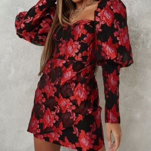 Red Brocade Puff Sleeve Mini Dress